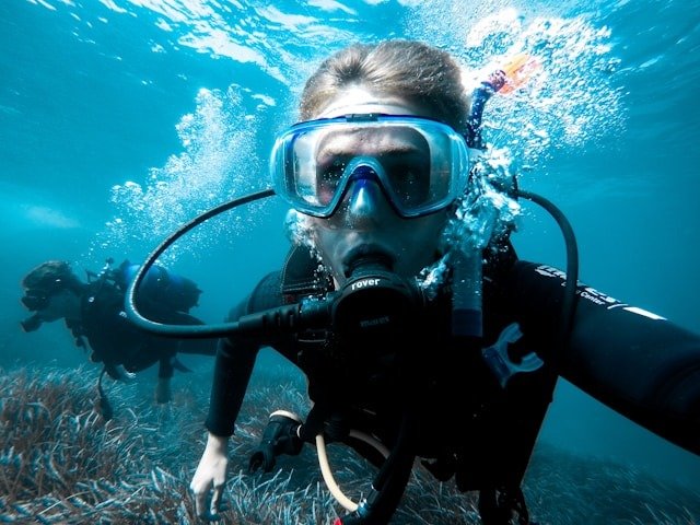 Diver exploring a vibrant coral reef in Madeira, showcasing colorful marine life